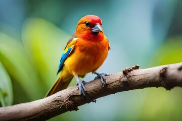 Beautiful Sun Conure bird perching on a branch.