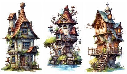 Watercolour fantasy tiny rustic house. Fantasy set of illustrations on a white background. Fussy cuts, greeting cards and envelopes artwork project set 27.