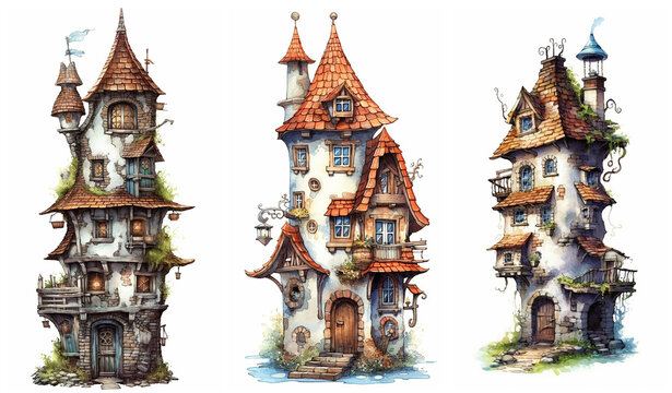Watercolour fantasy tiny rustic house. Fantasy set of illustrations on a white background. Fussy cuts, greeting cards and envelopes artwork project set 26.
