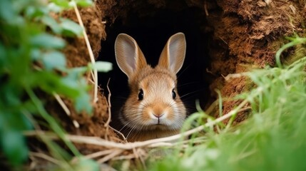Naklejka na ściany i meble A shy rabbit peeking out of its burrow. AI generated