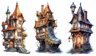 Fototapeta premium Watercolour fantasy tiny rustic house. Fantasy set of illustrations on a white background. Fussy cuts, greeting cards and envelopes artwork project set 9.