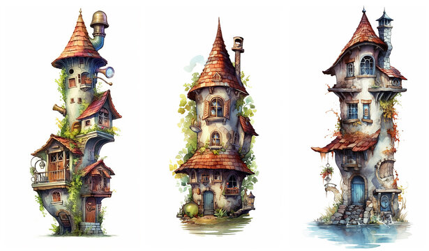 Watercolour fantasy tiny rustic house. Fantasy set of illustrations on a white background. Fussy cuts, greeting cards and envelopes artwork project set 17.
