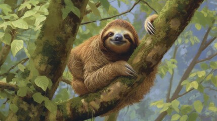 Fototapeta premium A shy sloth hanging from a tree. AI generated