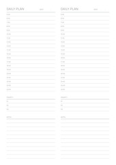 A daily plan design template in a modern, simple, and minimalist style. Note, scheduler, diary, calendar, planner document template illustration.