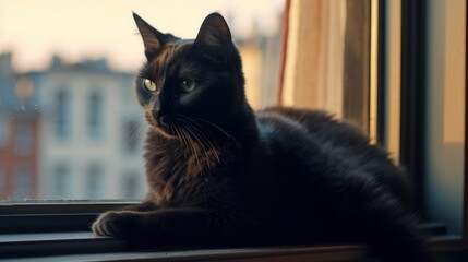 A sleek black cat grooming itself on a windowsill. AI generated