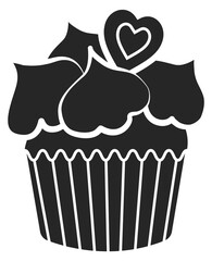Sweet cupcake with heart candy. Muffin black silhouette