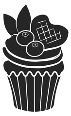 Wedding berry cupcake black silhouette. Sweet dessert