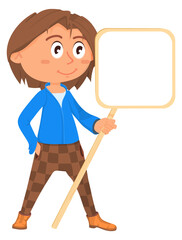 Student hold banner. Cartoon kid with blank placard