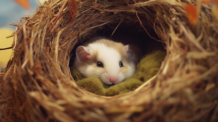 A sleepy hamster tucked into its nest. AI generated