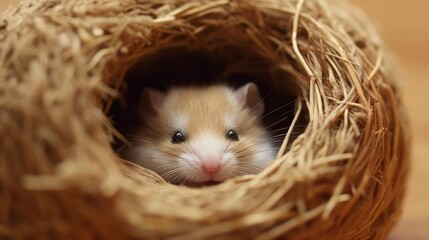 A sleepy hamster tucked into its nest. AI generated