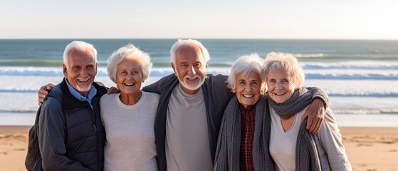Group of smiling seniors at the beach looking at the camera. Generative AI	