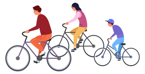 Parents and kid riding bicycle together. Family activity