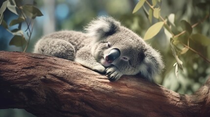 Fototapeta premium A sleepy koala dozing in a tree. AI generated