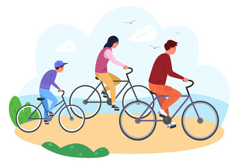 Happy family summer activity. Parents and kid riding bicycle together