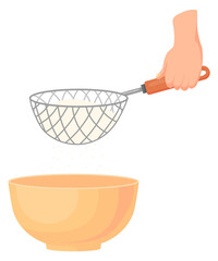 Flour sifting icon. Cartoon sifter in human hand