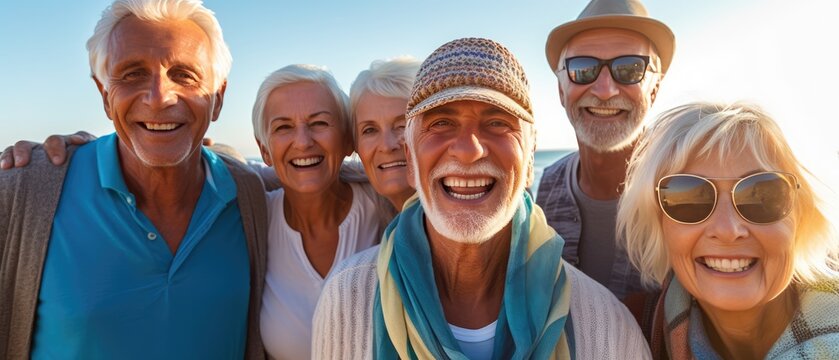 Group of smiling seniors at the beach looking at the camera. Generative AI	