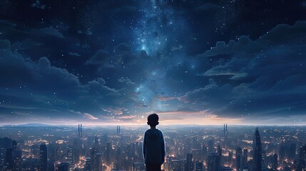 sci-fi fantasy dreamer boy looking at starry night sky with futuristic cityscape as background, Generative Ai