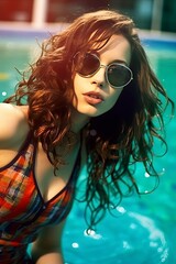 Young Woman with Wavy Hair and Plaid Swimsuit at Pool Photorealistic Portrait Illustration [Generative AI]
