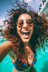 Energetic Laughing Woman With Curly Brown Hair Wearing Round Sunglasses and Bikini, Playful in a Pool, Photorealistic Portrait Illustration [Generative AI]