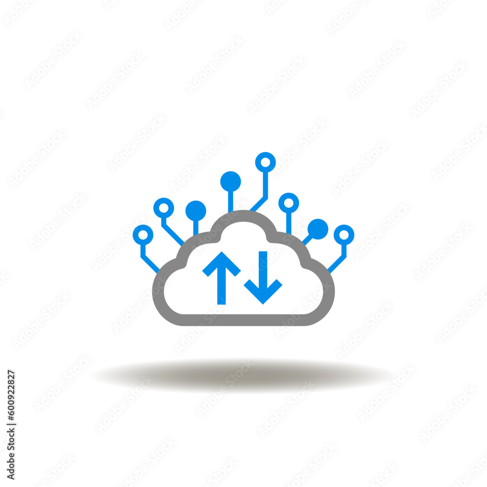 Poster vector illustration of cloud with circuit pattern and arrow up, down. icon of download, upload elect