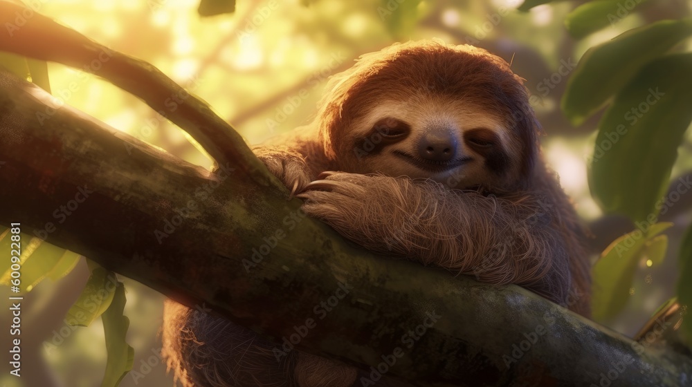 Poster a sleepy sloth taking a nap in a tree. ai generated