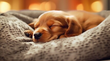 A sleepy puppy snoring softly in its bed. AI generated