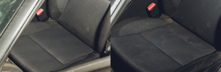 Car interior textile seats chemical cleaning with professionally extraction method. Early spring...