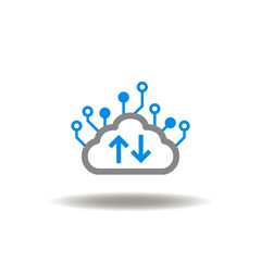 Vector illustration of cloud with circuit pattern and arrow up, down. Icon of download, upload electronic information, digital data. Symbol of web hosting. Sign of server.