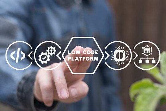 Man using virtual touch screen presses inscription: LOW CODE PLATFORM. Concept of Low Code Software Development Platform Technology.