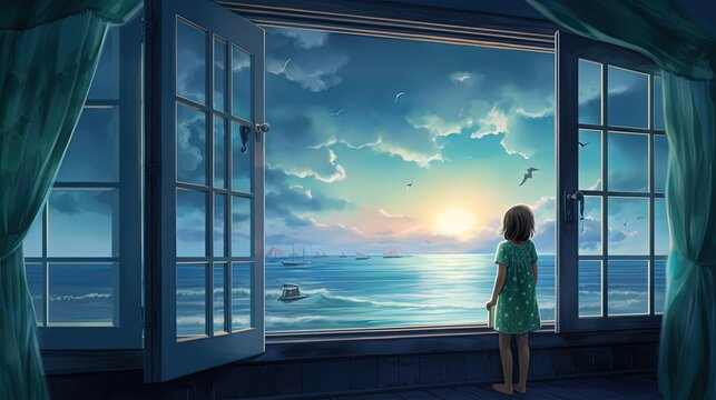 illustration of a girl looking outside window with nature ocean scenic, Generative Ai