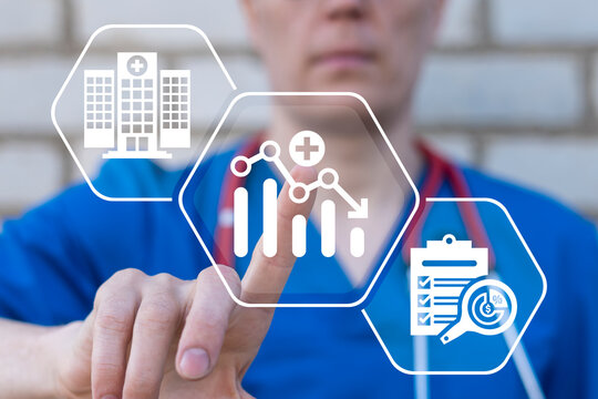 Doctor using virtual touch screen presses icon: falling graph. Concept of medical crisis, risk. Drop, bankruptcy, regression and decline in health care performance indicators.