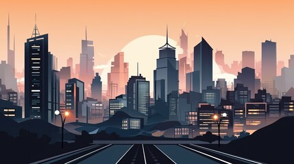 illustration abstract cityscape background in sunset time, Generative Ai