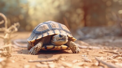 Fototapeta premium A small tortoise slowly crawling on the ground. AI generated