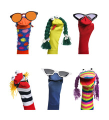 Many colorful sock puppets on white background, collage design
