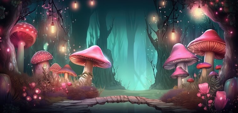 enchanted magic fairytale book with fantasy scene pop up on page, fairy forest with big tree with glitter glow light at night time, Generative Ai