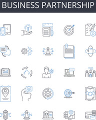 Business partnership line icons collection. Community, Sharing, Unity, Connection, Sustainability, Collaboration, Equality vector and linear illustration. Harmony,Support,Interdependence outline signs