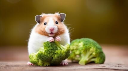 A smiling hamster nibbling on a piece of broccoli. AI generated