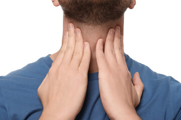 Fototapeta premium Man suffering from sore throat on white background, closeup