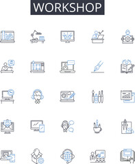Workshop line icons collection. Mechanism, Gadget, Automation, Equipment, Device, Engine, Robot vector and linear illustration. Appliance,Machinery,Tool outline signs set