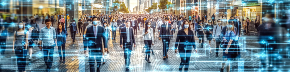 Crowd of Business People Tracked with Advanced Technology Walking on Busy Urban City Streets. CCTV AI Facial Recognition Big Data Analysis Interface Scanning. digital ai