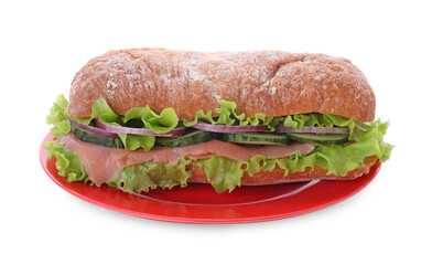Delicious sandwich with fresh vegetables and salmon isolated on white