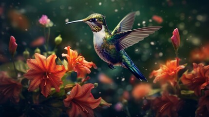 Obraz premium A tiny hummingbird flitting from flower to flower. AI generated