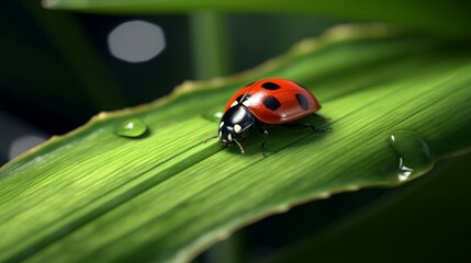 Fototapeta premium A tiny ladybug crawling on a leaf. AI generated