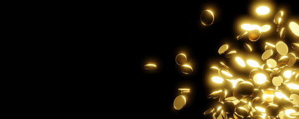 Gold coins falling on black background 3D render