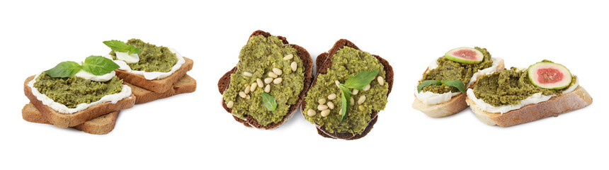 Set of tasty bruschettas with pesto sauce on white background