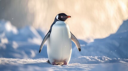 A white and black penguin waddling around a snowy. AI generated