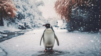 A white and black penguin waddling around a snowy. AI generated