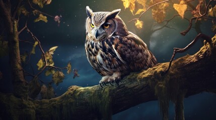 A wise old owl perching on a branch. AI generated