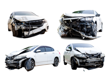 Front of white car get damaged by accident on the road. damaged cars after collision. isolated on transparent background, PNG file