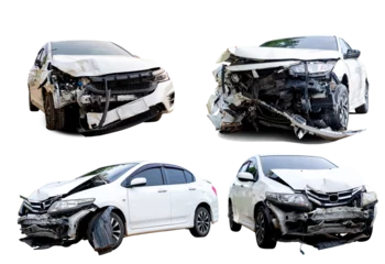  Front of white car get damaged by accident on the road. damaged cars after collision. isolated on transparent background, PNG file © ISENGARD